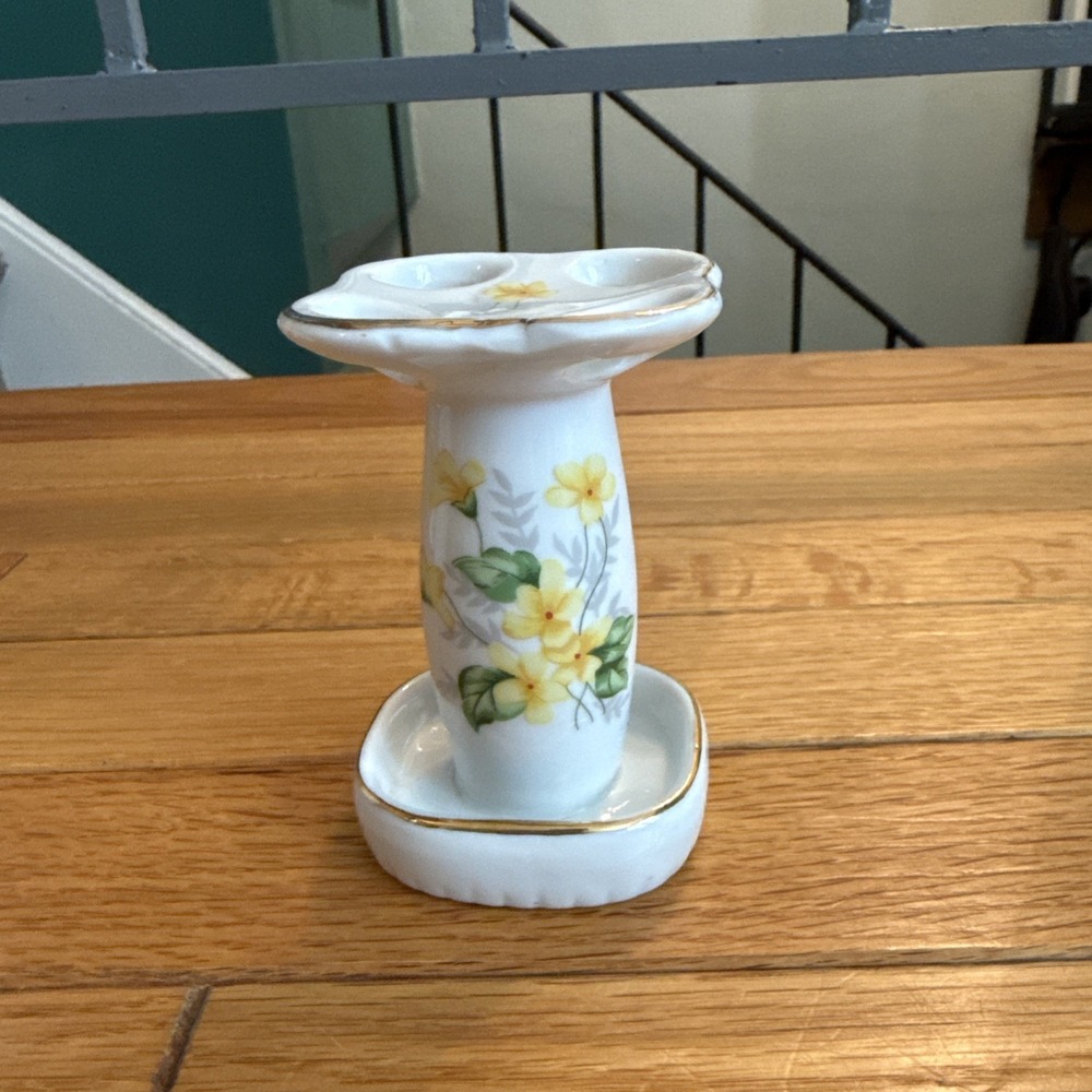 Vintage Yellow Flower Hold Trim Toothbrush Holder Porcelain